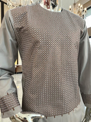 Medium Men’s Light Gray Parahan Tumban with Brown Embroidery – Afghan Traditional Outfit