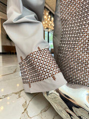 Medium Men’s Light Gray Parahan Tumban with Brown Embroidery – Afghan Traditional Outfit