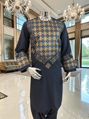 Small Midnight Blue Afghan Parahan Tunban Set – Premium Hand Embroidery with Matching Shawl patto