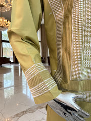 Large Green Afghan Parahan Tunban Set with Premium Machine Embroidery