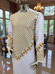 Men’s White Kameez with Gold and Navy Blue Machine Embroidery – Small Tall Size | Afghan Traditional Wear | Luqmaan Boutique