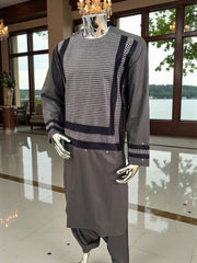 Men’s Taupe Parahan Tunban with Matching Embroidery – Afghan Traditional Outfit (Large)