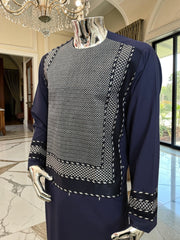Large Navy Blue Afghan Parahan Tunban Set with Premium Machine Embroidery