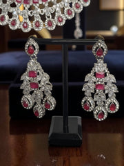 Luxury Ruby Red American Diamond Bridal Jewelry Set with Maang Tikka | Premium Brass Statement Necklace & Earrings Gift Box Included 6038