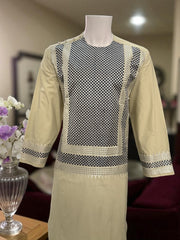 Men’s Beige Kameez with Black and Matching Machine Embroidery – Afghan Traditional Wear | Luqmaan Boutique (Medium)