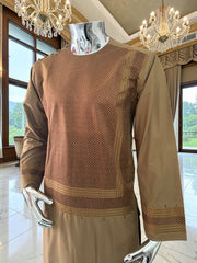 Small Premium Brown Machine Embroidered Parahan Tunban Set with Matching Chadder