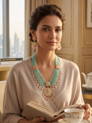 Mint Green & Pink Beaded Kundan Necklace and Earrings Set. 074