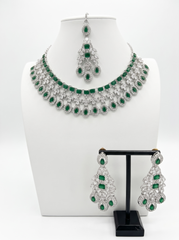 Silver-Tone AD Bridal Necklace Set with Earrings & Maang Tikka – 8 Colors
