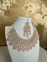 Blush Pink Kundan Bridal Jewelry Set with Earrings & Maang Tikka | Rose Gold Indian Pakistani Afghan Wedding Necklace 6049