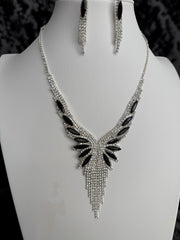Crystal Rhinestone Statement Necklace & Earrings Set – Silver-Tone Leaf Design with Tassel, 7 Color Options