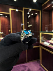 Vintage Turkish Inspired Signet Ring with Cubic Zirconia Stone – Silver Plated Two-Tone Men’s & Unisex Statement Ring – Available in Black, Green, Red, Gold, Navy & Blue