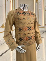 Hand Embroidered Camel Tan Afghan Parahan Tunban with Matching Shawl 5024