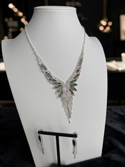 Crystal Rhinestone Statement Necklace & Earrings Set – Silver-Tone Leaf Design with Tassel, 7 Color Options