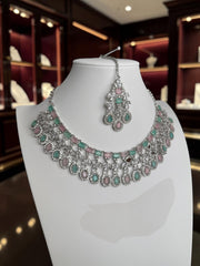 Luxury Pastel Pink & Mint American Diamond Bridal Jewelry Set with Maang Tikka | Premium Brass Statement Necklace & Earrings Gift Box Included 6033