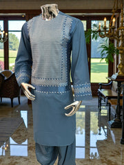 Small Turquoise Afghan Men’s Kameez with White & Turquoise Embroidery | Premium Traditional Outfit