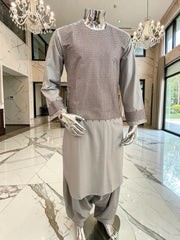 Medium Men’s Light Gray Parahan Tumban with Brown Embroidery – Afghan Traditional Outfit