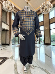 Small Midnight Blue Afghan Parahan Tunban Set – Premium Hand Embroidery with Matching Shawl patto