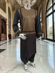Large Black & Gold Afghan Parahan Tunban Set – Premium Machine Embroidery Traditional Outfit