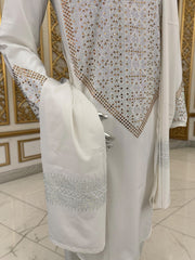 Men’s off white Afghan Parahan Tunban with Gold & Silver Embellishments and Shawl – 3-Piece Set shesha work 5042