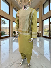 Large Green Afghan Parahan Tunban Set with Premium Machine Embroidery