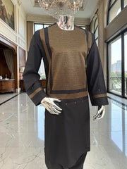 Large Black & Gold Afghan Parahan Tunban Set – Premium Machine Embroidery Traditional Outfit