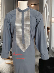 Men’s Grey Parahan Tumban with White Hand Khamak Embroidery – Elegant Afghan Traditional Outfit, XXL