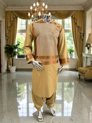 Small Men’s Golden Parahan Tumban with Bronze Geometric Embroidery – Afghan Traditional Outfit