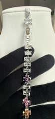 Multicolor Floral Baguette Crystal Link Bracelet – Silver Tone Flower Bracelet 7144