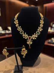 Luxury Gold Tone Floral Necklace & Earrings Set | Alloy Brass Metal | Green & Burgundy Crystal Statement Jewelry | Gift-Ready Black Jewelry Box Included 6070