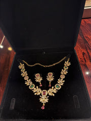Luxury Gold Tone Green & Burgundy Crystal Floral Statement Necklace & Earrings Set |Gift-Ready Black Jewelry Box Included 6069