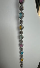 Multicolor Oval Crystal Halo Tennis Bracelet – Silver Tone Sparkling Statement Jewelry 7113