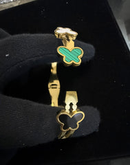 Gold Tone Stainless Steel Butterfly Bangle Bracelet in Black, Green & White 8061