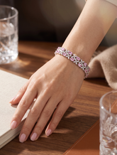 Light Pink Crystal Floral Bracelet – Silver Tone Oval Stone Flower & Leaf Bracelet, jewelry Gift Box Included 7075