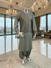 Medium Olive Green Afghan Parahan Tunban with Premium Machine Embroidery for Men