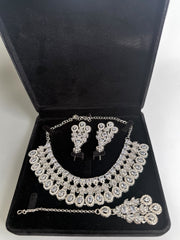 Luxury Clear American Diamond Bridal Jewelry Set with Maang Tikka | Premium Brass Statement Necklace & Earrings Gift Box Included 6034