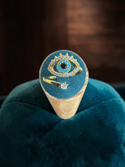 Gold Tone Turquoise Evil Eye Adjustable Bypass Statement Ring 7151