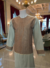 Medium Sage Green Afghan Parahan Tunban for Men with Machine Embroidery