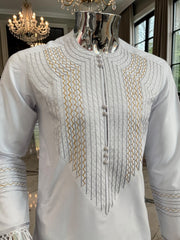 X-Small to Small Men’s White Afghan Parahan Tunban – Handmade Gold Embroidery on Chest & Sleeves