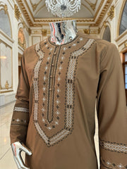 Men’s Brown Hand-Embroidered Afghan Parahan Tunban with Matching Shawl in Small, Medium, or Large
