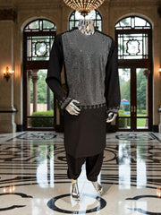 Men’s Black Afghan Traditional Kameez Shalwar with Geometric Mirror Embroidery – Formal Wear Afghan Small. Minor Imperfection – Special Discount