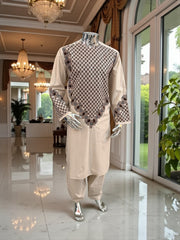 Men’s Cream Kameez – Cream with Brown & Black Machine Embroidery | Afghan Outfit (Medium)