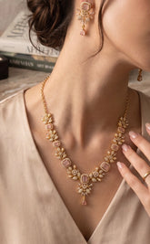 Luxury Gold Tone Blush Pink Crystal Floral Statement Necklace & Earrings Set | Gift-Ready Black Jewelry Box Included 6072