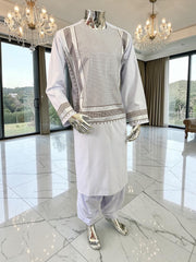 Large Premium White Parahan Tunban Set with Brown Machine Embroidery Pattu/Chadder