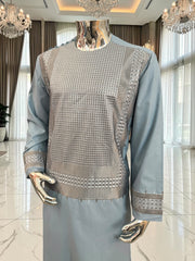 Large Men’s Light Blue Afghan Parahan Tunban with Khamakdozi-Inspired Machine Embroidery 7201