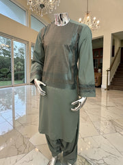 Medium Olive Green Afghan Parahan Tunban with Premium Machine Embroidery for Men