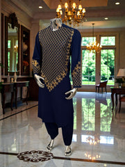 Men’s Navy Blue Kameez – Navy with Gold Machine Embroidery | XL Size Afghan Traditional Wear