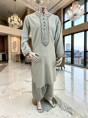 Medium Men’s Hand Embroidered Parahan Tunban Set – Light Sage Green Afghan Traditional Outfit
