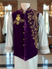 Medium Purple Velvet Men’s Waistcoat – Heavy Handmade Zari & Dabka Embroidery | Luxury Wedding waistcoat