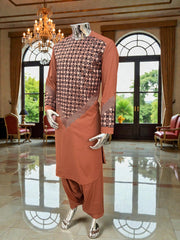 Small Men’s Caramel Brown Parahan Tumban with White & Tan Embroidery | Luxury Afghan Outfit with Matching Shawl