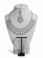 Silver-Tone AD Bridal Necklace Set with Earrings & Maang Tikka – 8 Colors